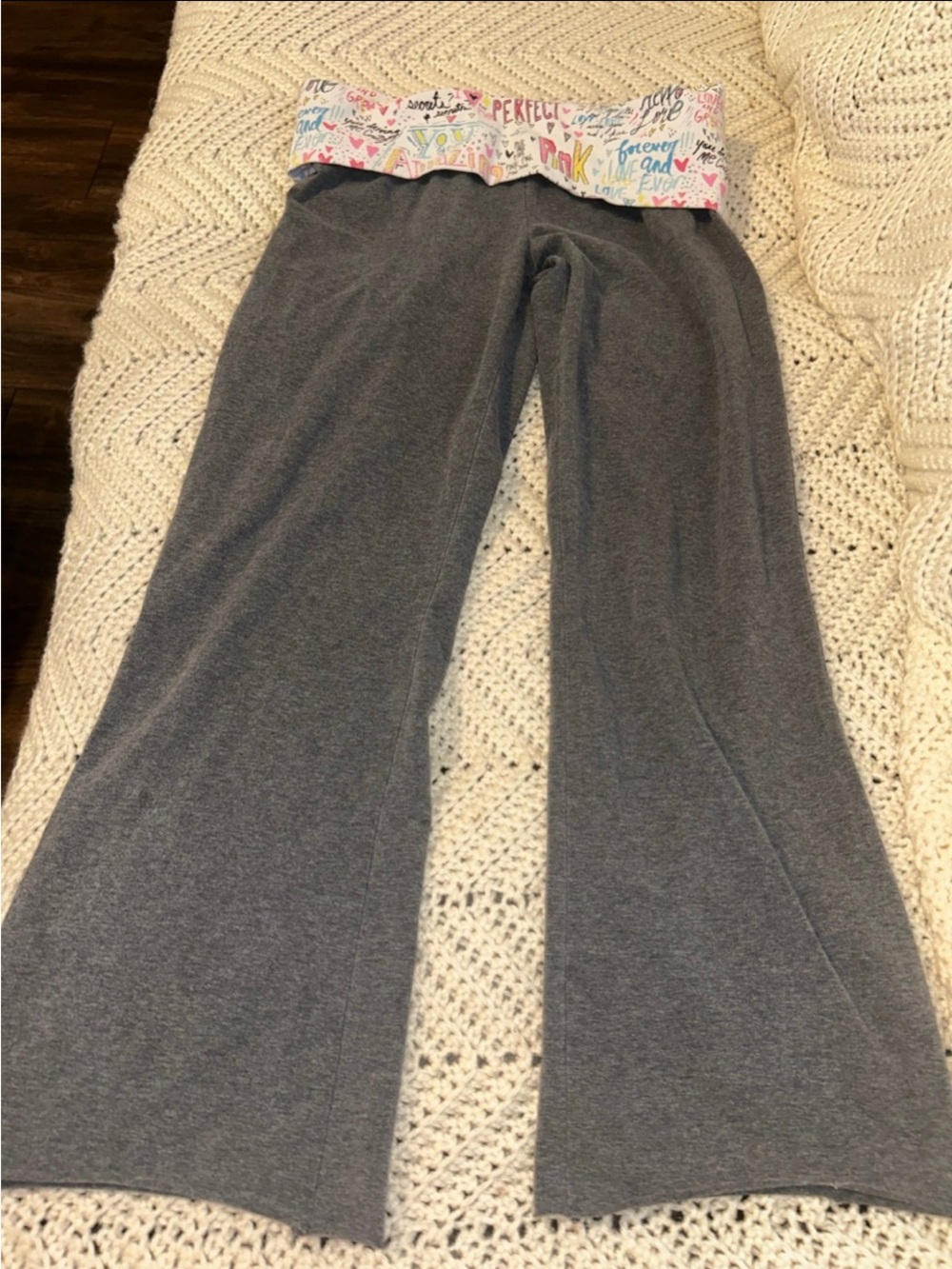 PINK Victoria's Secret Gray Yoga Pants with White Fold-Over Printed Waistband